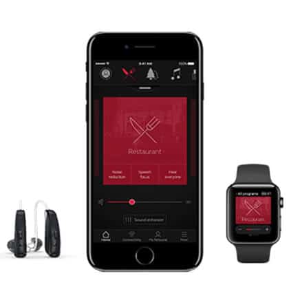 ReSound's hearing aid app shown on iphone & apple watch