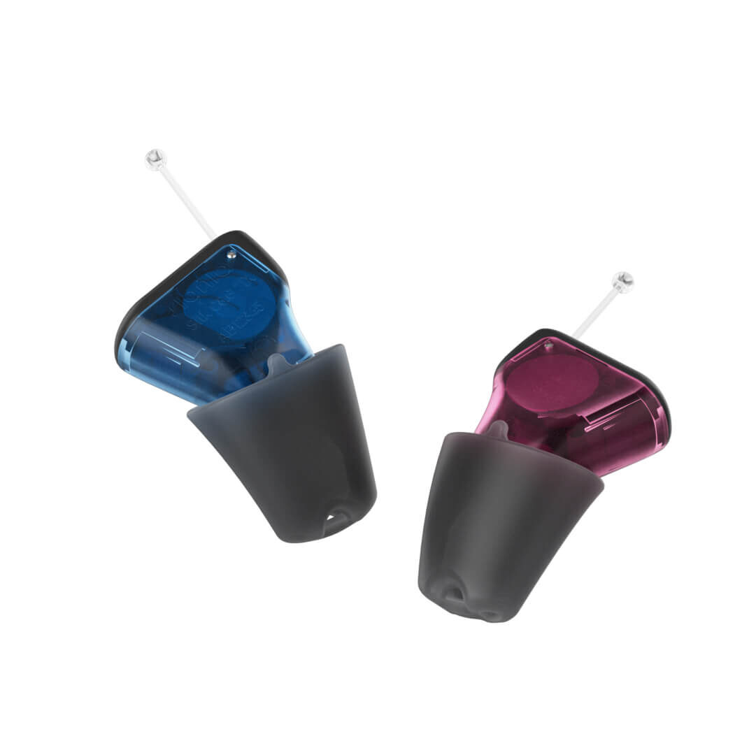 Blue and purple Signia hearing aids